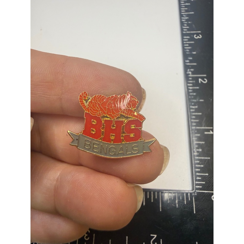 Vintage BHS Bengals Tiger Mascot Enamel Lapel Pin Red Gold Tone School Spirit